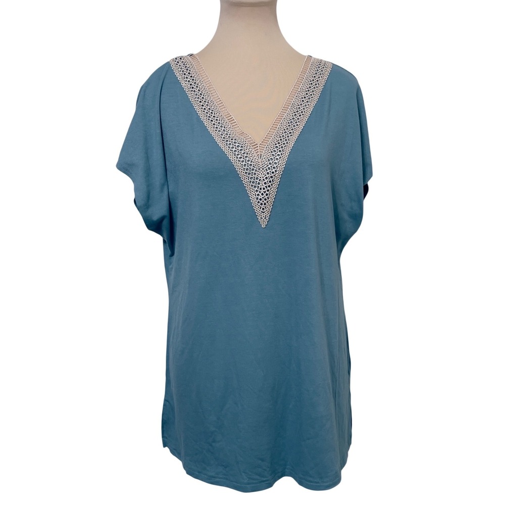 Women Top L Blue Crochet V-Neck Short Sleeve Relaxed Summer Tee Boho Casual